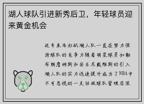 湖人球队引进新秀后卫，年轻球员迎来黄金机会